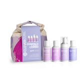 Clever Curl compact light combo gift set with bottles and a drawstring bag on a white background