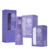 Clever Curl product set including a water spray bottle, microfibre padding towel, and satin pillowcase with packaging.