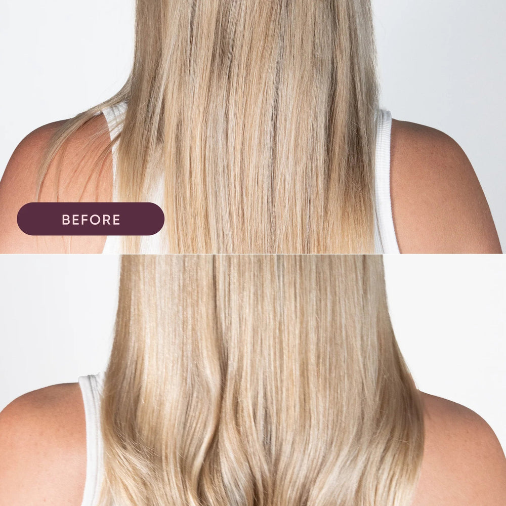 Before and after comparison of blonde hair after using Nak Blowout Smooth Mist with a plain background