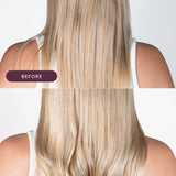 Before and after comparison of blonde hair after using Nak Blowout Smooth Mist with a plain background