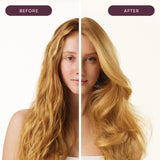 Before and after comparison of a person with blonde hair after using Nak Blowout Smooth Mist showing the difference in hair texture or color.
