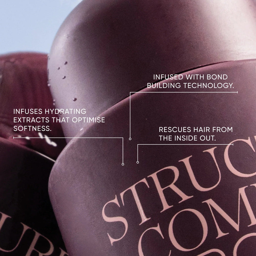 Close-up of a hair product container with text about its features.
