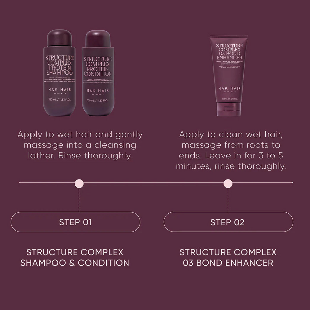 Hair care product set with shampoo, conditioner, and bond enhancer on a dark purple background.
