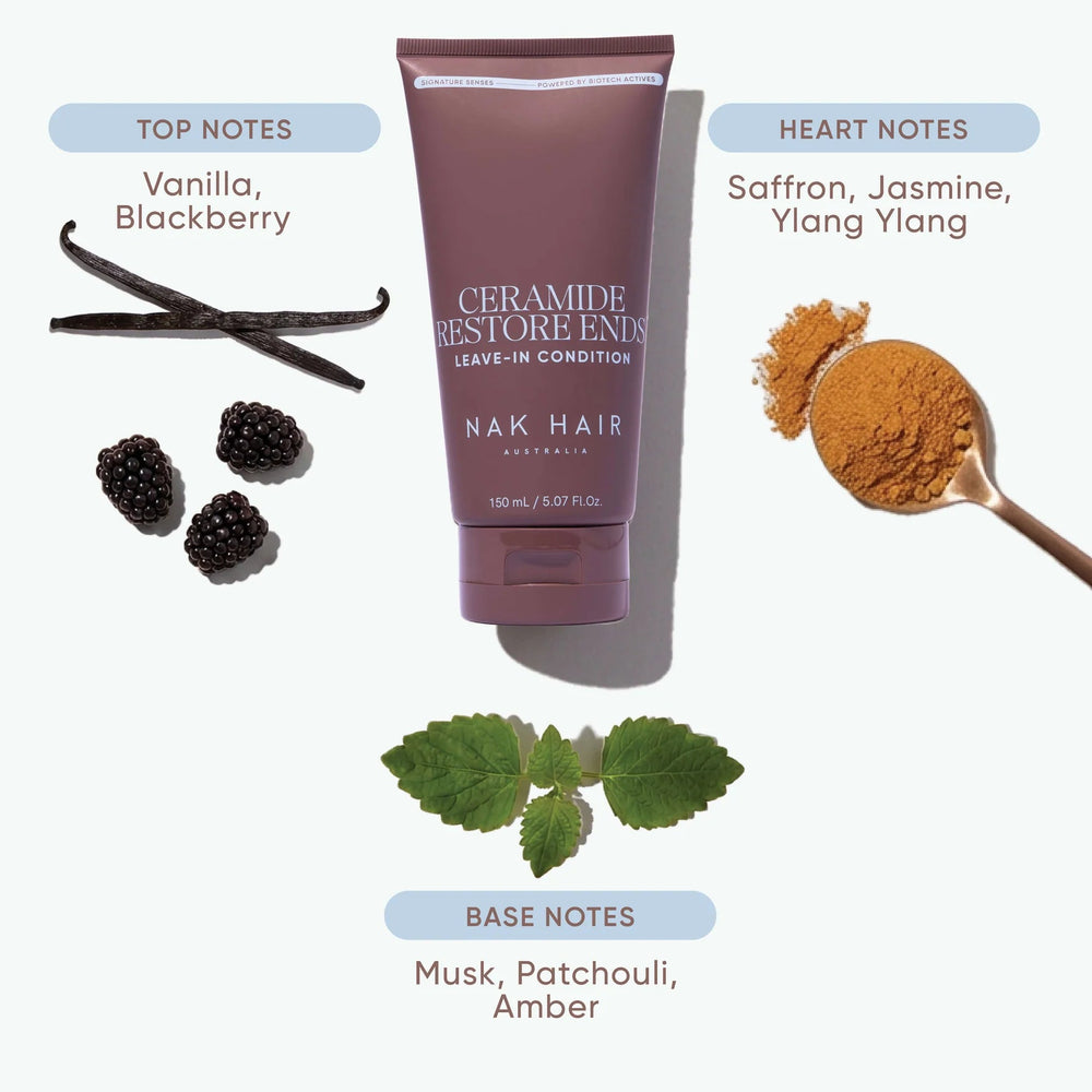A cosmetic leave-in conditioner tube labeled NAK HAIR Ceramide Restore Enth leaves-in-condition, centered on a light background with scent notes and ingredient illustrations: vanilla beans, blackberries, a spoonful of orange powder, and green leaves. Text reads 'THE FRAGRANCE MORE THAN ROUTINE' and 'TOP NOTES Vanilla, Blackberry' and 'HEART NOTES Saffron, Jasmine, Yang Yang.