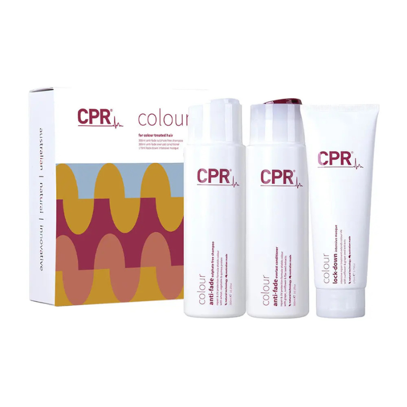 CPR Colour hair care products including shampoo, conditioner, and mask on a white background