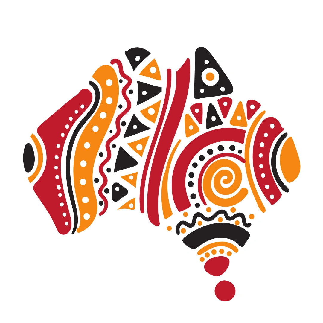 Abstract Indigenous-inspired artwork in red, black and yellow, symbolising respect for First Nations cultures.