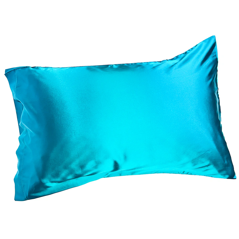 Turquoise satin pillowcase on a white background