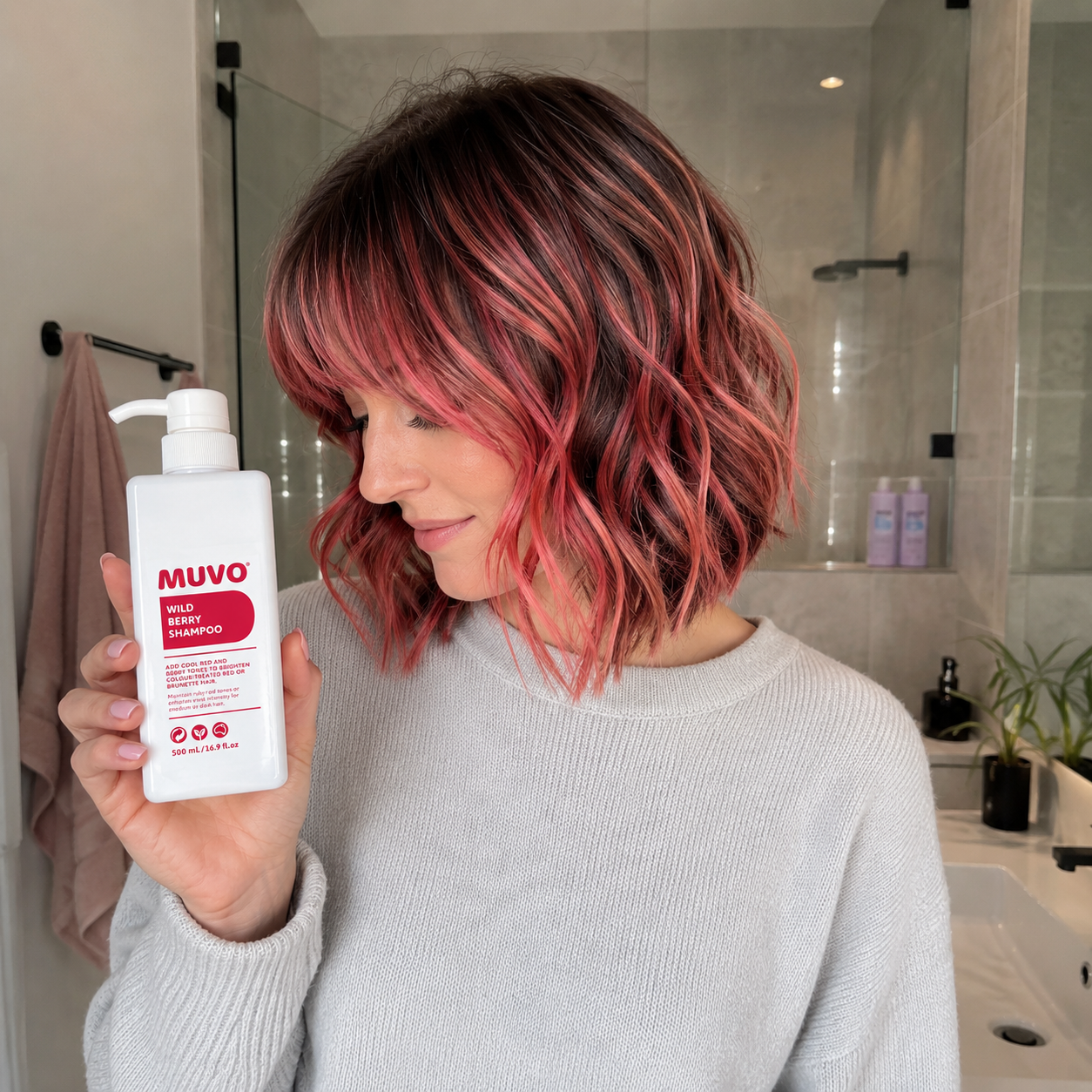 Woman with pink hair holding a MUVO Wild Berry shampoo bottle in a bathroom.