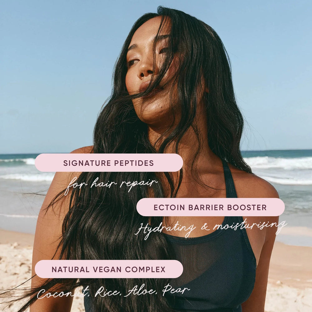 Woman with long hair on a beach with product features text overlay