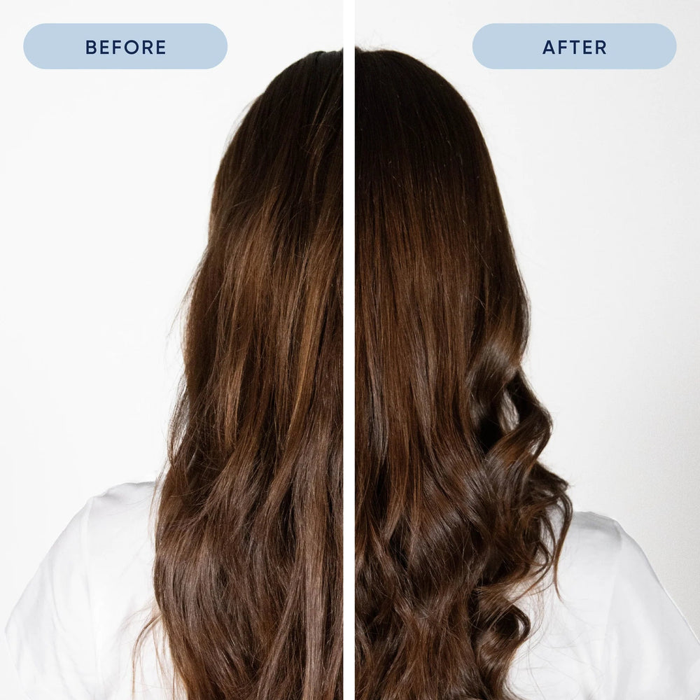 Before and after comparison of a woman's long brown hair, shown from the back, after using Nak Glossy Glaze Masque. The left side is labeled BEFORE and appears slightly wavy and less defined, while the right side is labeled AFTER and shows smoother, more defined curls.