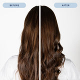 Before and after comparison of a woman's long brown hair, shown from the back, after using Nak Glossy Glaze Masque. The left side is labeled BEFORE and appears slightly wavy and less defined, while the right side is labeled AFTER and shows smoother, more defined curls.