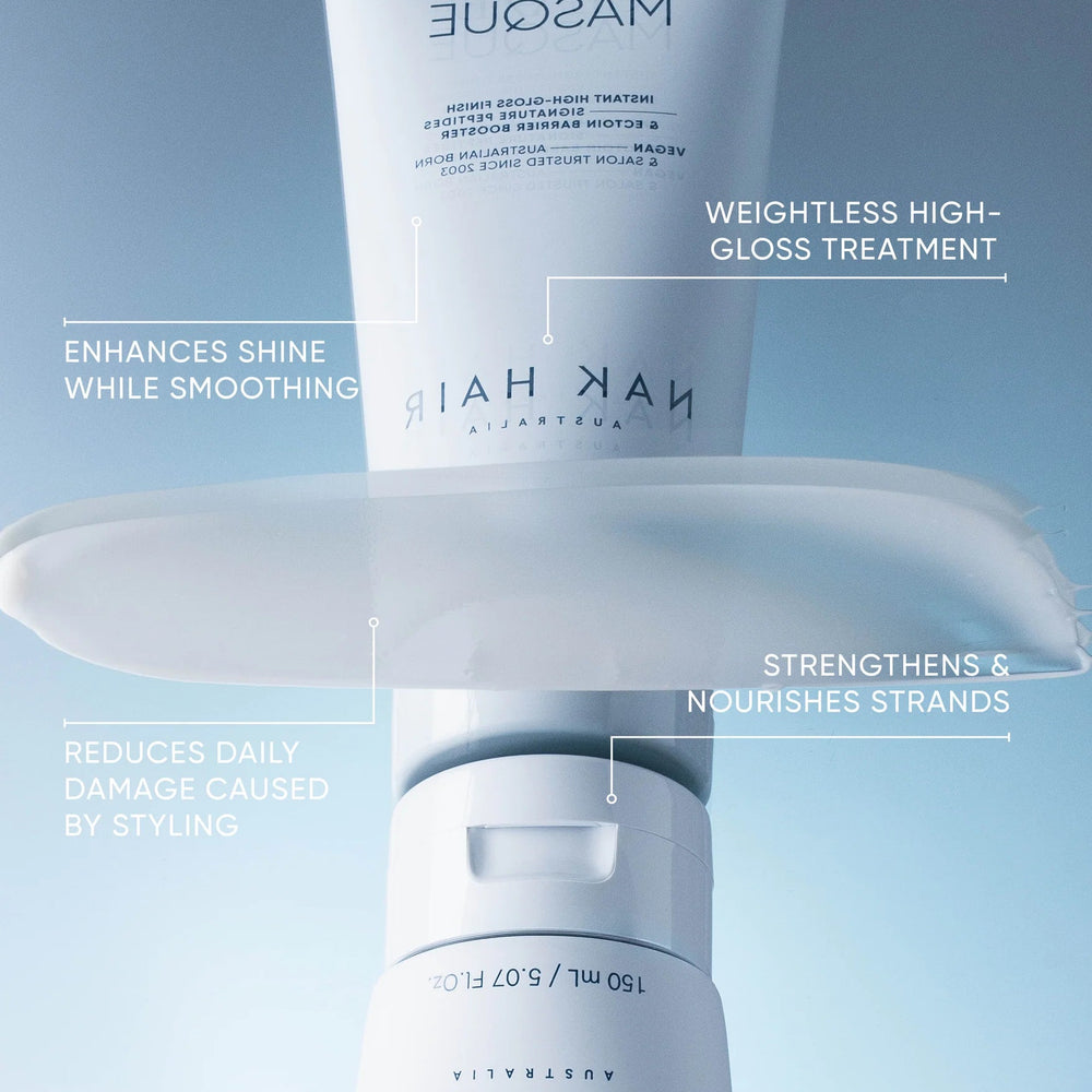 Nak Hair Glazed Masque glossy treatment bottle shown with a smear of white product and text callouts describing its high-gloss smoothing benefits on a soft blue gradient background.