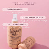Nak Hair Blowout Smooth Mist bottle on a pink background with product details.