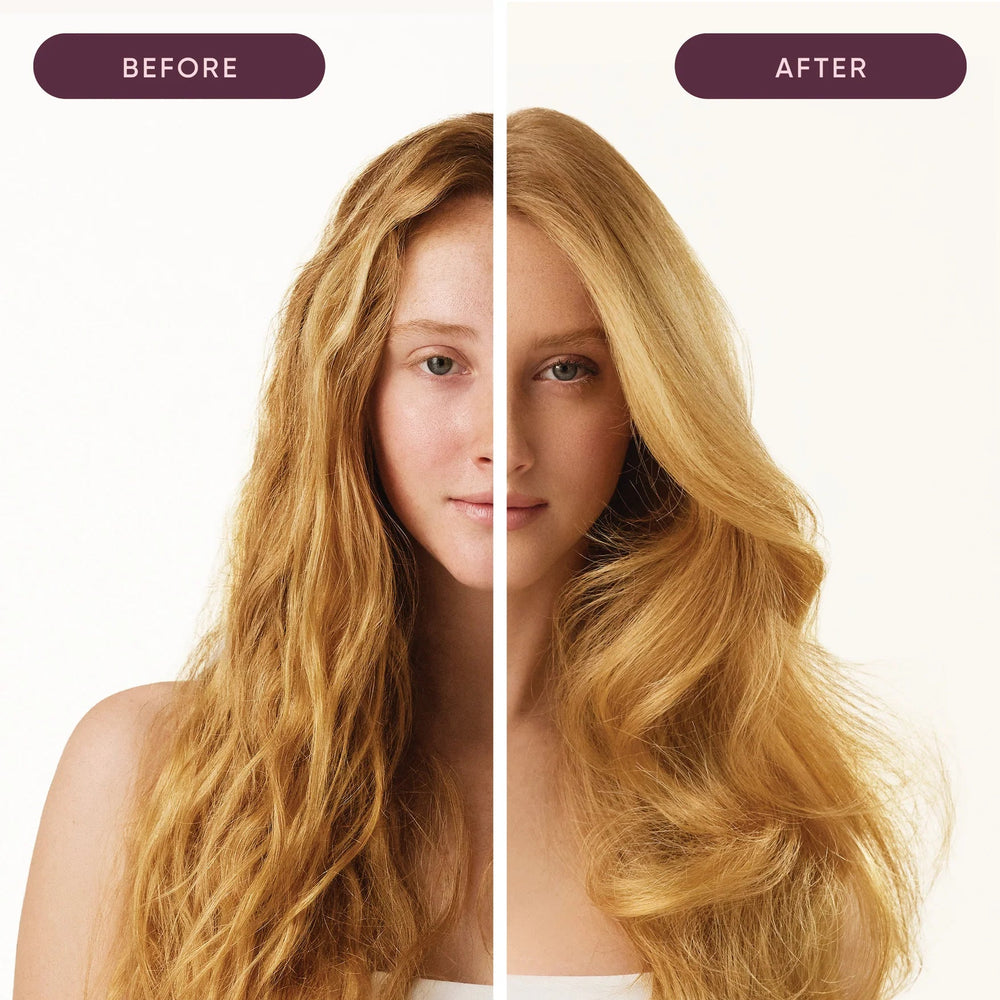 Before and after comparison of a person with blonde hair after using Nak Blowout Smooth Mist showing the difference in hair texture or color.