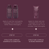Hair care product set with shampoo, conditioner, and bond enhancer on a dark purple background.