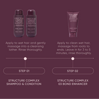 Hair care product set with shampoo, conditioner, and bond enhancer on a dark purple background.