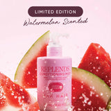 Pink bottle of Nak Hair Replends Conditioning Mist with watermelon slices on a pink background