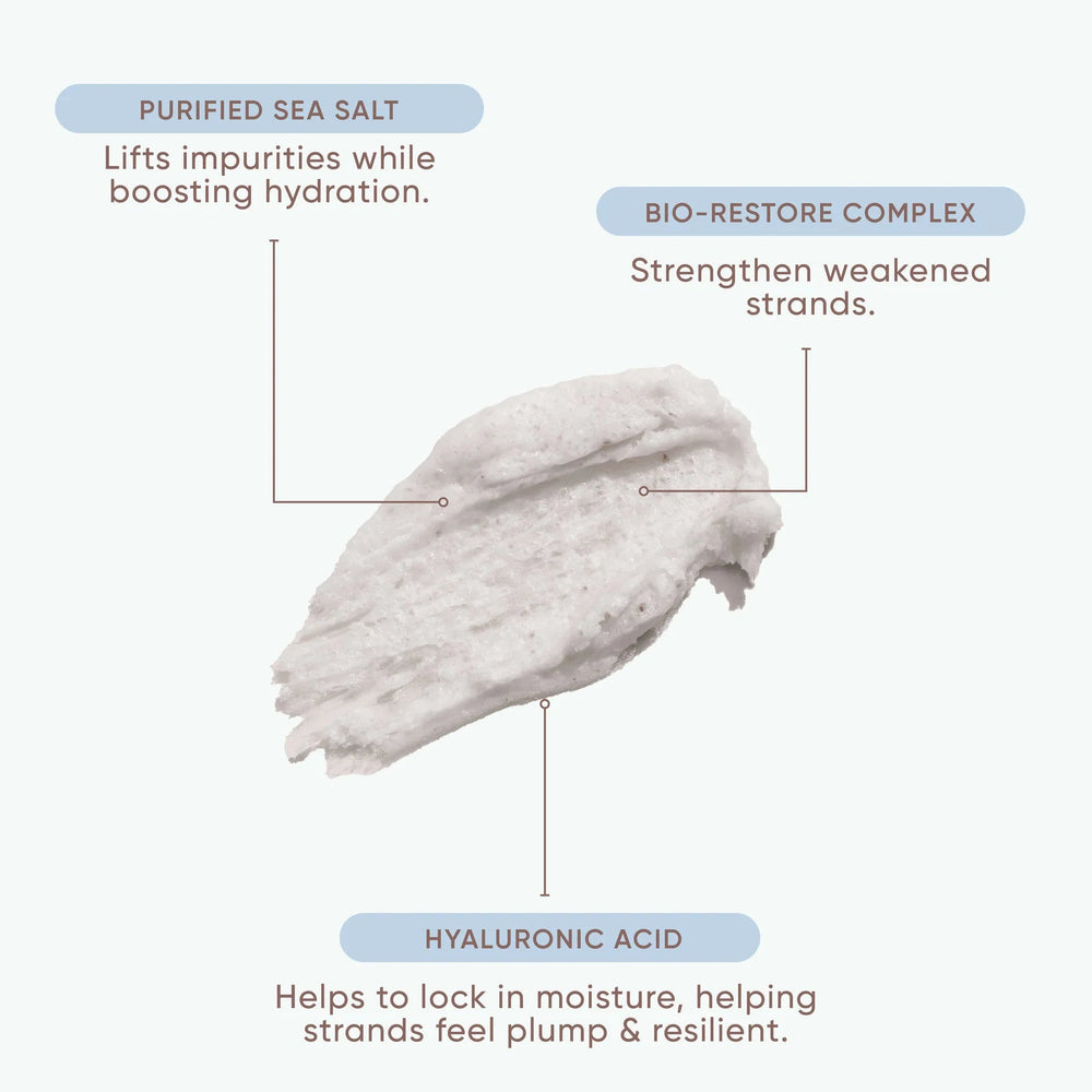 A white informational graphic showing a textured damaged hair treatment in the center, with callout labels pointing to purified sea salt, bio-restore complex, and hyaluronic acid on a very light gray background.