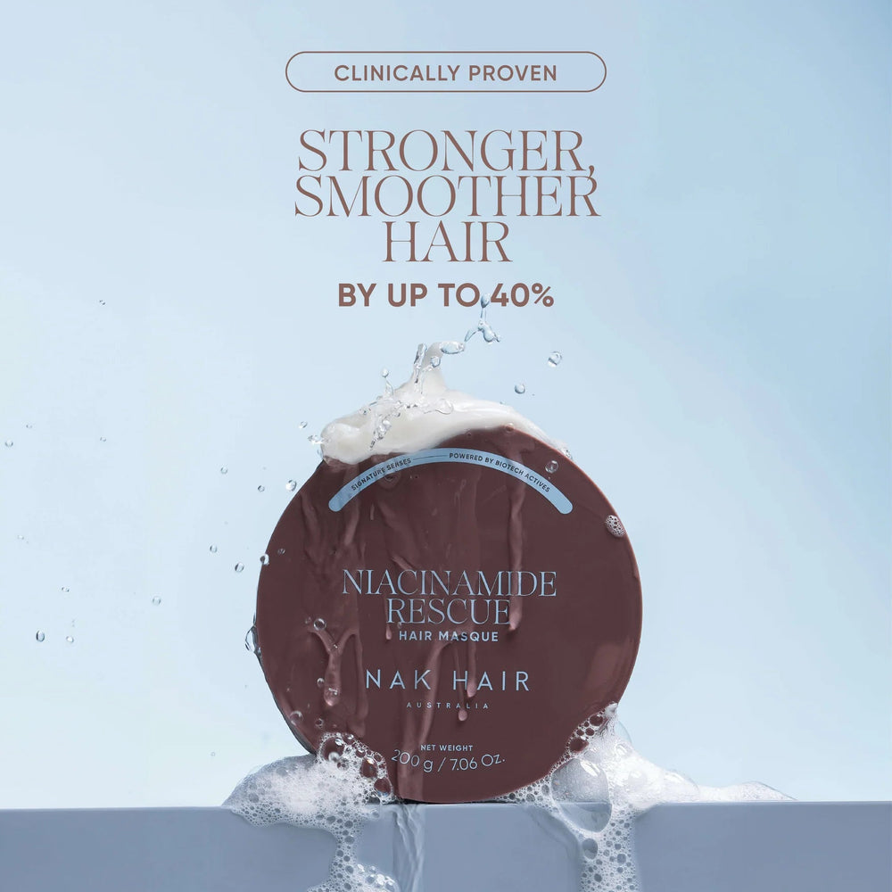 A single round brown hair mask packet by NAK HAIR is shown floating in water with foam against a pale blue background. Above the product, text reads 'CLINICALLY PROVEN STRONGER, SMOOTHER HAIR BY UP TO, 40%'.