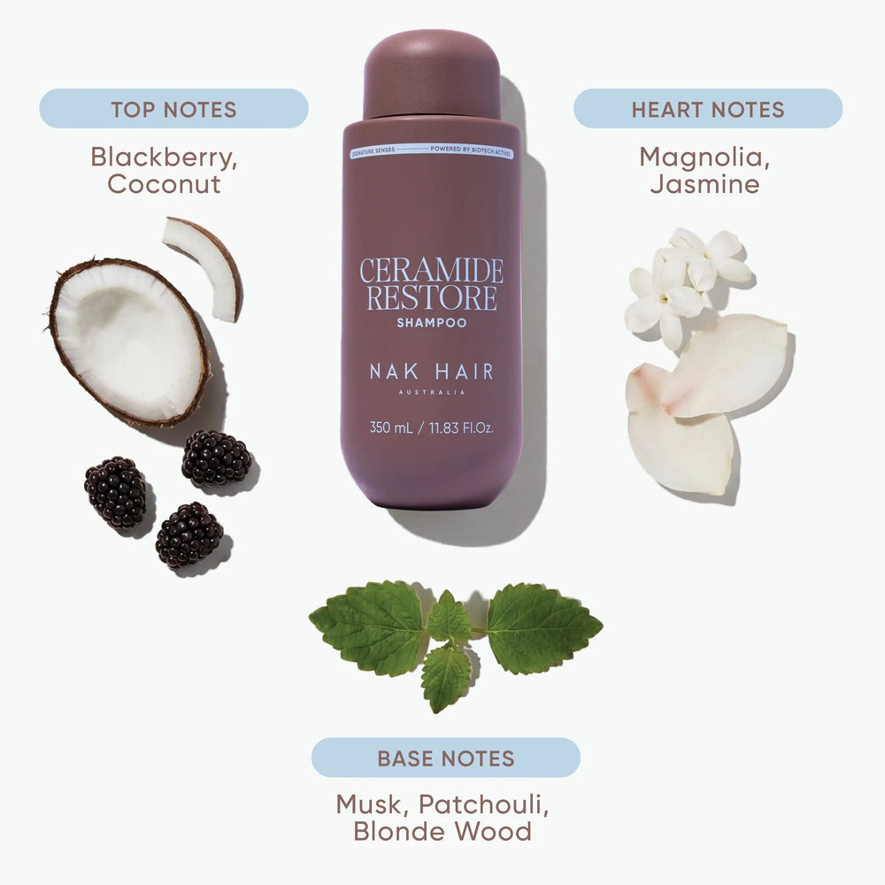 A bottle of Nak Hair Ceramic Restore Shampoo centered on a light background, surrounded by scent notes: blackberries and coconut under 'Top Notes,' magnolia and jasmine under 'Heart Notes,' and mint leaves and wood tones under 'Base Notes.' Text at the top reads 'The Fragrance More than Routine.