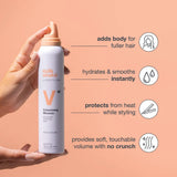 A hand holds a Milk Shake Lifestyle Volumizing Mousse can against a peach background, with four feature callouts and icons describing benefits for fuller hair, hydration and smoothing, heat protection, and soft touchable volume.